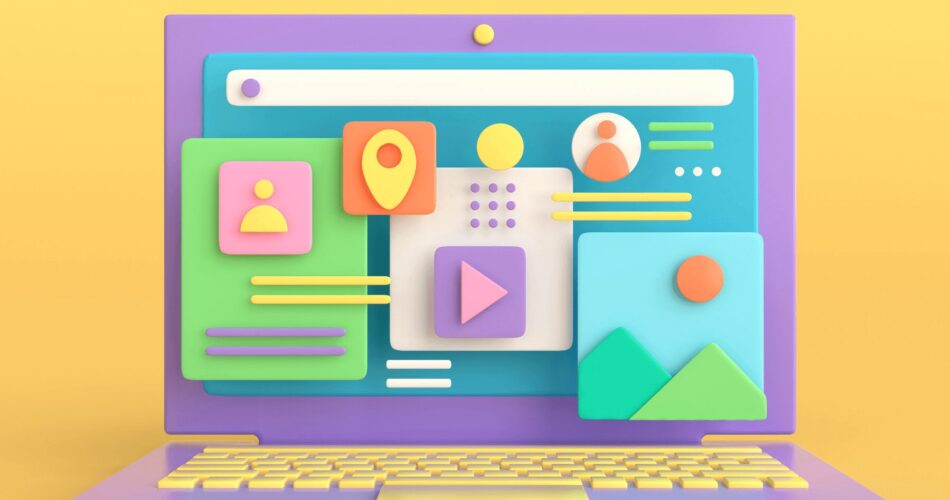 A 3D rendered laptop is displayed on a yellow background. The laptop's exterior is a lavender color and it has a yellow keyboard and trackpad. The screen displays a light blue background with a white search bar at the top, and a yellow dot above the screen. There are five colorful squares with icons on the screen. From left to right, the first square is green with a pink square inside, and a yellow person icon inside. The next square is orange with a yellow location icon inside. The next square is white with purple dots. The fourth square is white with a pink triangle icon inside. The last square is blue with a green mountain and an orange sun.