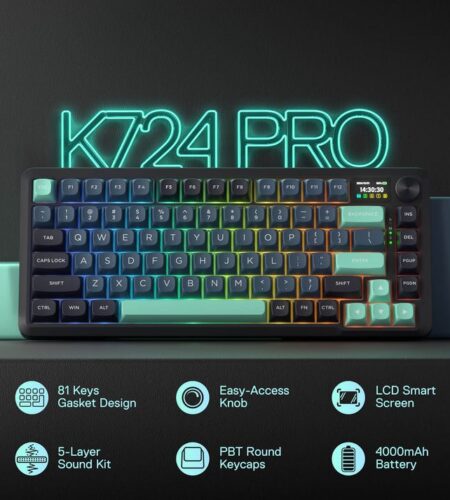 The image is a promotional shot of a mechanical keyboard against a dark gray background. The keyboard is compact, featuring a dark chassis and light-colored keycaps arranged in a standard QWERTY layout. A prominent silver knob is located on the upper right side. The keyboard's display screen shows "14:30:02" in a digital format. Below the keyboard are six icons paired with labels: "81 Keys Gasket Design," "Easy-Access Knob," "LCD Smart Screen," "5-Layer Sound Kit," "PBT Round Keycaps," and "4000mAh Battery." The top of the image contains the text "K7224 PRO" in large, bold, light-colored letters.