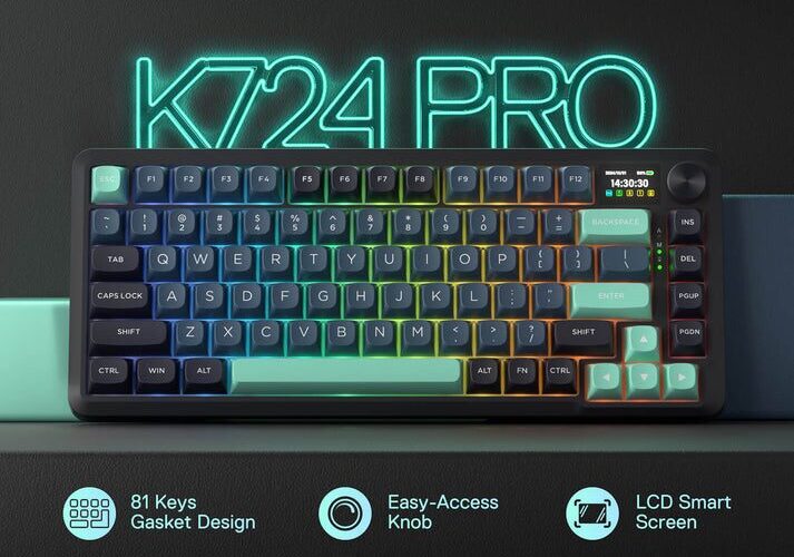 The image is a promotional shot of a mechanical keyboard against a dark gray background. The keyboard is compact, featuring a dark chassis and light-colored keycaps arranged in a standard QWERTY layout. A prominent silver knob is located on the upper right side. The keyboard's display screen shows "14:30:02" in a digital format. Below the keyboard are six icons paired with labels: "81 Keys Gasket Design," "Easy-Access Knob," "LCD Smart Screen," "5-Layer Sound Kit," "PBT Round Keycaps," and "4000mAh Battery." The top of the image contains the text "K7224 PRO" in large, bold, light-colored letters.