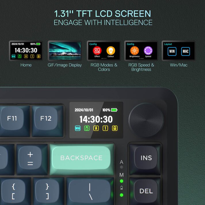 The image shows a close-up view of a portion of a computer keyboard, specifically focusing on the function keys and surrounding buttons. The keyboard has a dark gray base with brightly colored, illuminated buttons. Several buttons feature icons and text labels, indicating various functions. A digital clock display is visible in the upper-left corner, showing the date and time. 

Specifically, the upper row features a button with “2024/10/01 14:30:30” displayed, along with icons. Next to it are buttons labeled "Home," "GIF/Image Display," "RGB Modes & Colors," and "RGB Speed & Brightness" each accompanied by a corresponding icon. Below are function keys “F11” and “F12”, and then buttons labeled “+”, “-”, “BACKSPACE”, “INS”, “DEL”, “{”, “}”, “[”, “]”, “|” and “\”, and icons. A green lock icon is also visible near the bottom right corner.