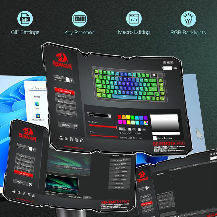The image is a composite showcasing a computer keyboard and its associated software interface, likely for customization purposes. The central focus is a black keyboard with illuminated keys, displaying a full spectrum of RGB colors. Surrounding the keyboard are several screenshots of software windows with various settings panels, including options for lighting effects, macro programming, and key remapping. The software panels feature buttons labeled "Light Setting," "Macro Management," and "Other Settings." There are also windows displaying color palettes and animation controls, with labels such as "Brightness," "Speed," and "Interval Time."  The keyboard model is labelled "BEHEMOTH PRO REPROGRAMMABLE RGB KEYBOARD."