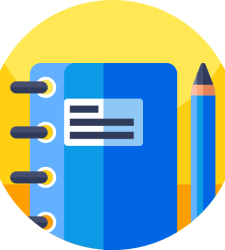 A flat, digital illustration depicts a blue notebook and a pencil on a yellow circular background. The notebook is bound with four orange rings along the left side. A white rectangular shape is on the front cover of the notebook, and contains three horizontal black lines. A wooden pencil with a blue tip and a gold band is to the right of the notebook. The illustration has a solid, flat style with no gradients or shading.