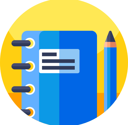 A flat, digital illustration depicts a blue notebook and a pencil on a yellow circular background. The notebook is bound with four orange rings along the left side. A white rectangular shape is on the front cover of the notebook, and contains three horizontal black lines. A wooden pencil with a blue tip and a gold band is to the right of the notebook. The illustration has a solid, flat style with no gradients or shading.