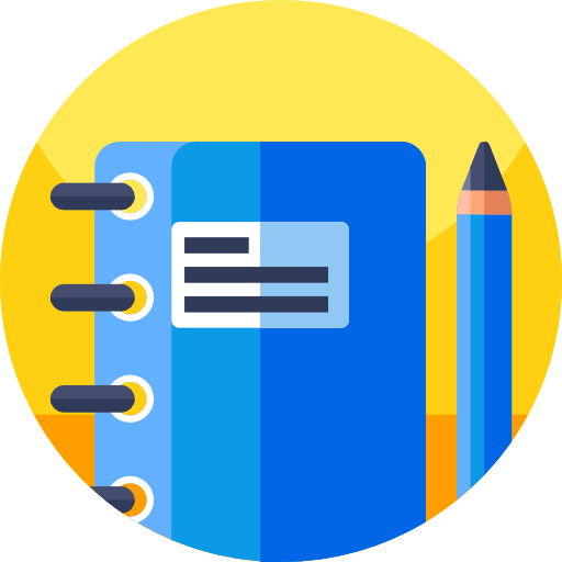 A flat, digital illustration depicts a blue notebook and a pencil on a yellow circular background. The notebook is bound with four orange rings along the left side. A white rectangular shape is on the front cover of the notebook, and contains three horizontal black lines. A wooden pencil with a blue tip and a gold band is to the right of the notebook. The illustration has a solid, flat style with no gradients or shading.