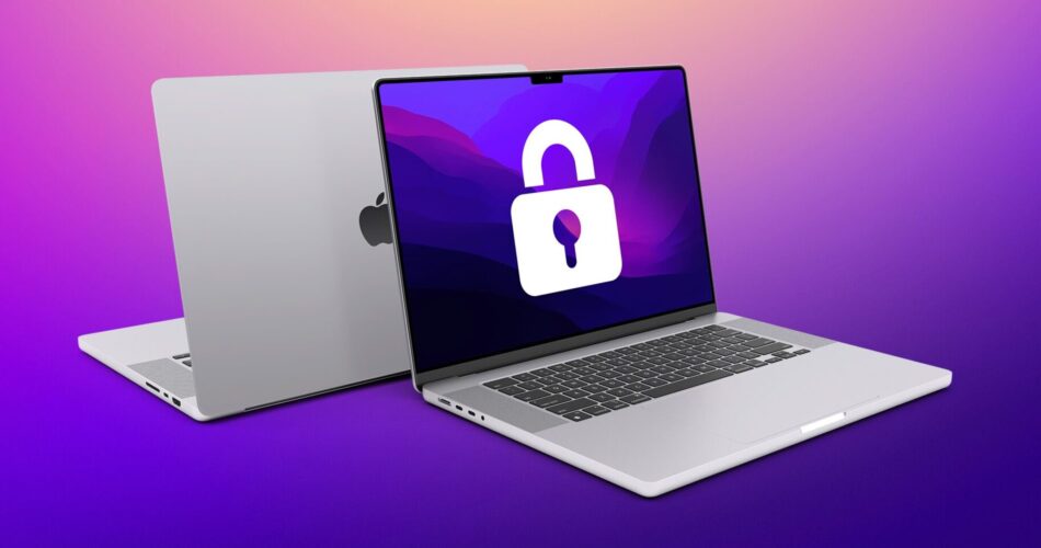 Two silver laptops are displayed at an angle against a purple and pink gradient background. One laptop is closed, showing only the silver exterior with the Apple logo centered on the lid. The other laptop is open, revealing a black keyboard and a white screen with a large, white padlock icon prominently displayed in the center. The laptops appear to be modern models with thin bezels and sleek designs. The light source creates soft shadows beneath both laptops, emphasizing their form.