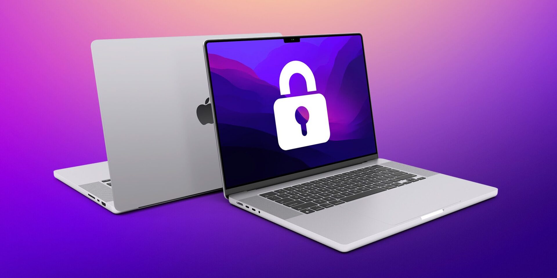 Two silver laptops are displayed at an angle against a purple and pink gradient background. One laptop is closed, showing only the silver exterior with the Apple logo centered on the lid. The other laptop is open, revealing a black keyboard and a white screen with a large, white padlock icon prominently displayed in the center. The laptops appear to be modern models with thin bezels and sleek designs. The light source creates soft shadows beneath both laptops, emphasizing their form.
