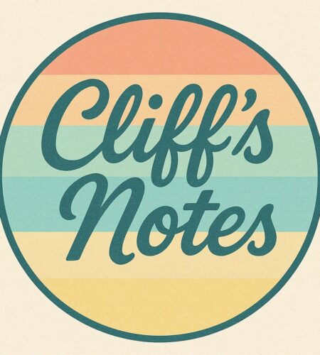 A circular graphic with a vintage aesthetic. The background features a gradient of colors, transitioning from a muted orange at the top to a pale turquoise at the bottom, with a thin band of yellow separating the two shades. A dark teal circular border surrounds the gradient. Inside the teal border, in a flowing, script font, is the text "Cliff's Notes" in a lighter shade of teal. The background has a subtle speckled texture.