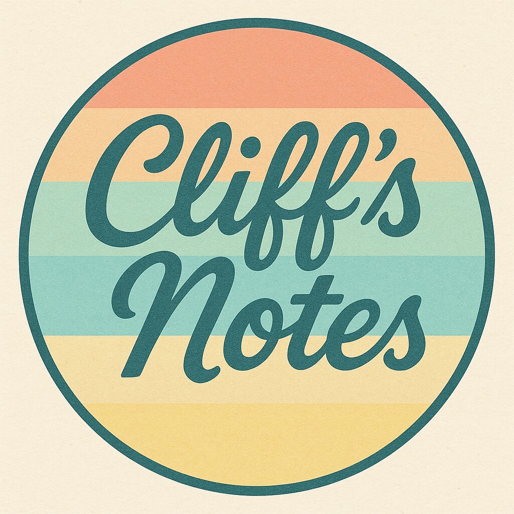 A circular graphic with a vintage aesthetic. The background features a gradient of colors, transitioning from a muted orange at the top to a pale turquoise at the bottom, with a thin band of yellow separating the two shades. A dark teal circular border surrounds the gradient. Inside the teal border, in a flowing, script font, is the text "Cliff's Notes" in a lighter shade of teal. The background has a subtle speckled texture.