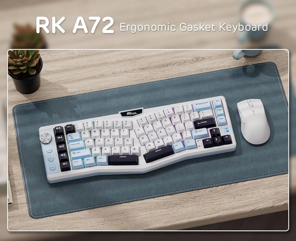 A photo of the RK A72 Keyboard sitting on a mouse pad with a white mouse next to it.