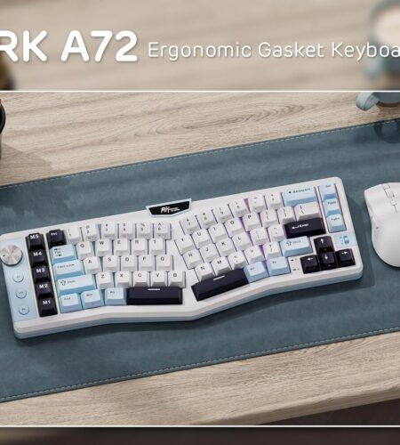 A photo of the RK A72 Keyboard sitting on a mouse pad with a white mouse next to it.