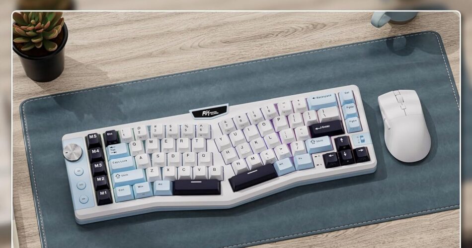 A photo of the RK A72 Keyboard sitting on a mouse pad with a white mouse next to it.