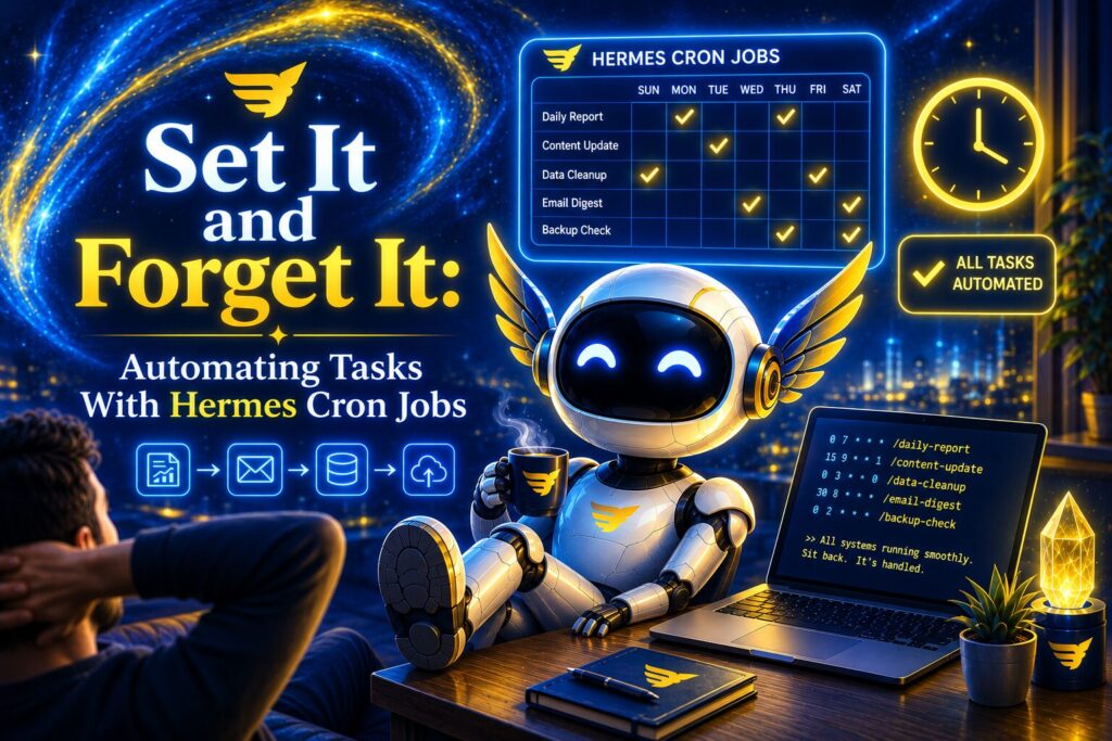A futuristic robot relaxes with a coffee while scheduled Hermes Cron Jobs run automatically in the background. Glowing blue and gold task schedules, automation icons, a clock, and a laptop displaying cron job commands symbolize hands-free task automation in a sleek, high-tech workspace overlooking a futuristic city at night.