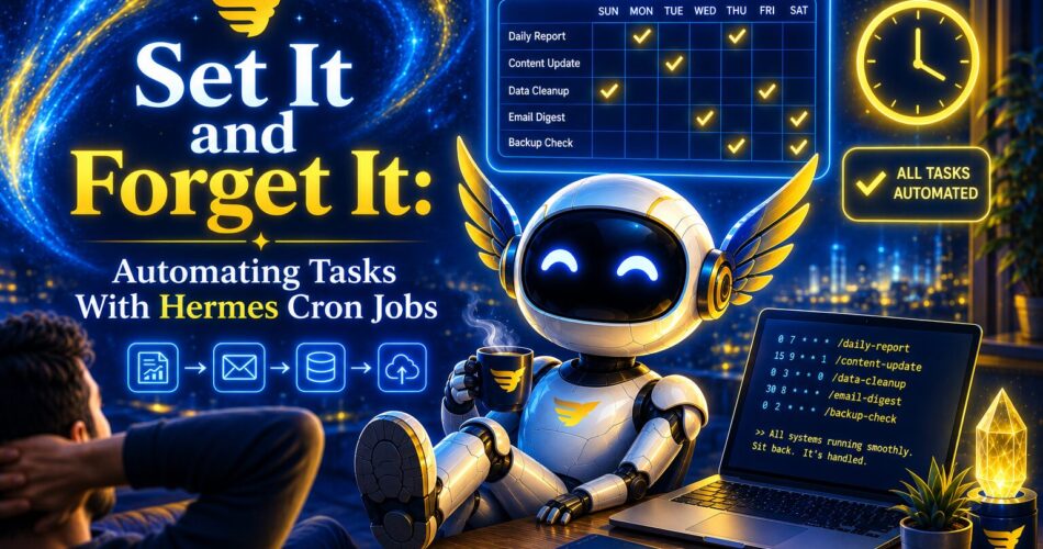 A futuristic robot relaxes with a coffee while scheduled Hermes Cron Jobs run automatically in the background. Glowing blue and gold task schedules, automation icons, a clock, and a laptop displaying cron job commands symbolize hands-free task automation in a sleek, high-tech workspace overlooking a futuristic city at night.