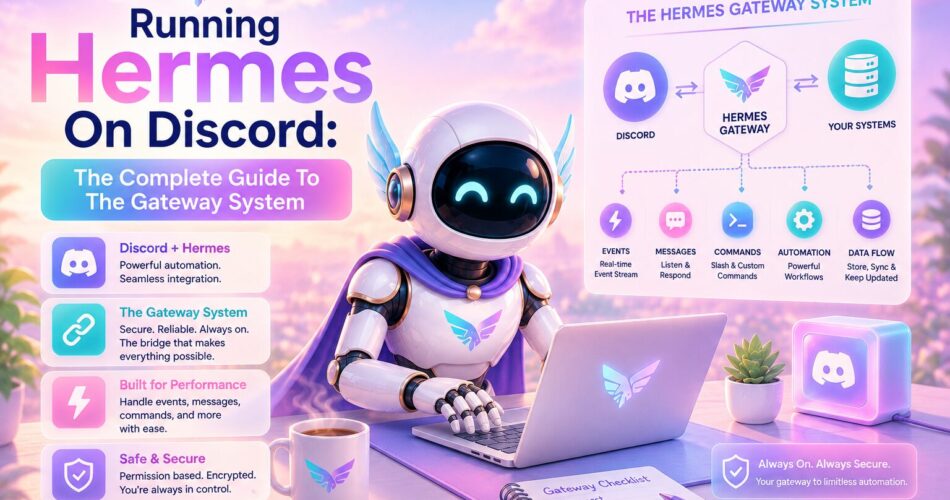 Pip, a friendly AI robot, works at a laptop in a bright pastel workspace featuring soft pink, lavender, aqua, and peach tones. A large diagram illustrates the Hermes Gateway System connecting Discord to Hermes and external systems, while colorful interface panels highlight events, messaging, commands, automation, and secure data flow, representing how Hermes integrates seamlessly with Discord through its gateway architecture.