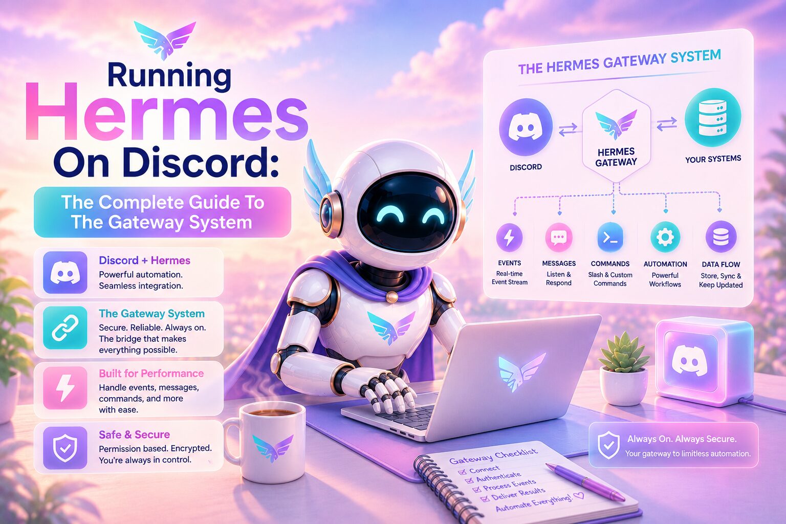Pip, a friendly AI robot, works at a laptop in a bright pastel workspace featuring soft pink, lavender, aqua, and peach tones. A large diagram illustrates the Hermes Gateway System connecting Discord to Hermes and external systems, while colorful interface panels highlight events, messaging, commands, automation, and secure data flow, representing how Hermes integrates seamlessly with Discord through its gateway architecture.