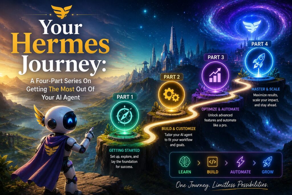 A friendly AI robot begins an epic journey through a futuristic landscape toward a glowing city, following a winding path with four illuminated milestones representing a learning series. Each stage symbolizes a different phase of mastering Hermes—from getting started and customization to automation and advanced optimization—using a vibrant palette of teal, gold, violet, and electric blue against a cinematic sci-fi sky.