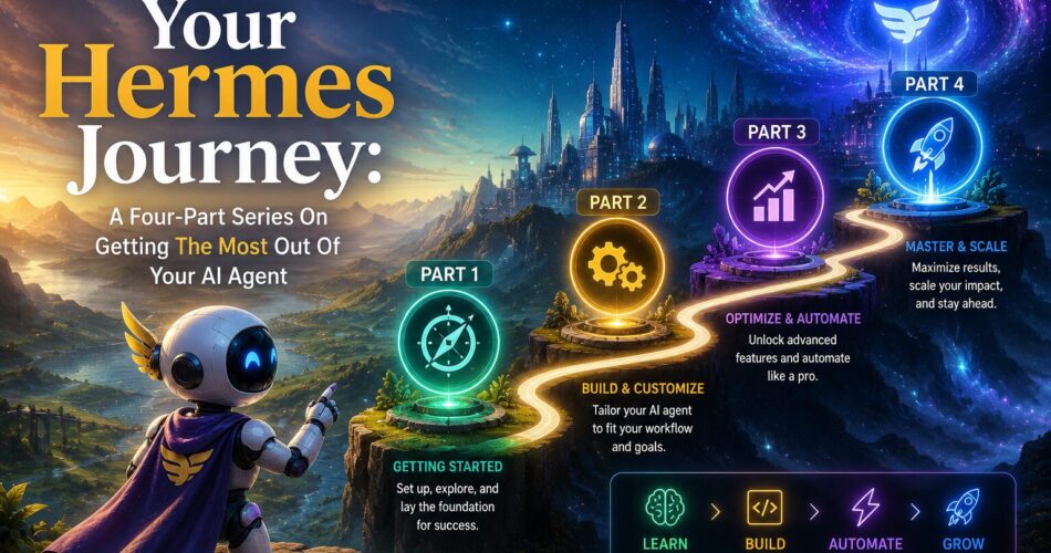 A friendly AI robot begins an epic journey through a futuristic landscape toward a glowing city, following a winding path with four illuminated milestones representing a learning series. Each stage symbolizes a different phase of mastering Hermes—from getting started and customization to automation and advanced optimization—using a vibrant palette of teal, gold, violet, and electric blue against a cinematic sci-fi sky.