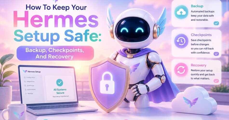 A friendly AI robot named Pip stands beside a glowing shield in a bright pastel workspace featuring soft peach, lavender, aqua, and pink tones. A laptop, cloud backup icon, and floating panels illustrate backup, checkpoints, version control, and recovery features, representing how Hermes protects AI setups with secure backups and easy restoration.