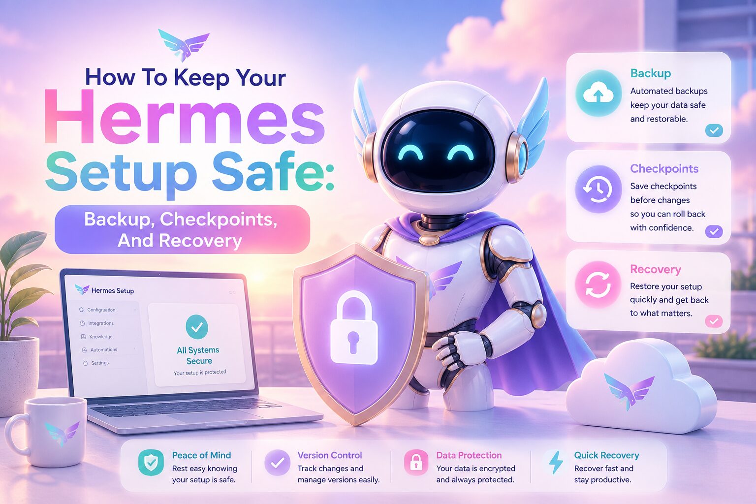 A friendly AI robot named Pip stands beside a glowing shield in a bright pastel workspace featuring soft peach, lavender, aqua, and pink tones. A laptop, cloud backup icon, and floating panels illustrate backup, checkpoints, version control, and recovery features, representing how Hermes protects AI setups with secure backups and easy restoration.
