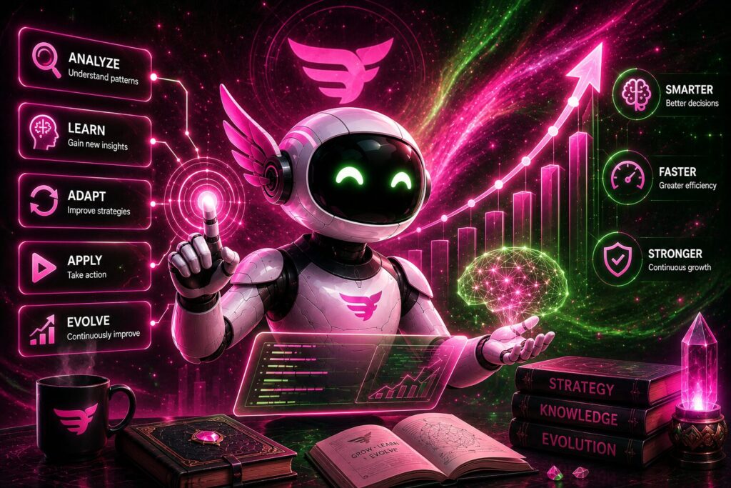 A futuristic AI robot surrounded by vibrant pink and green holographic interfaces representing learning, adaptation, and continuous improvement. A glowing upward growth chart, neural network visualization, and floating digital controls symbolize an AI assistant becoming smarter through Hermes Skills, all set against a cosmic neon background with books and advanced technology.