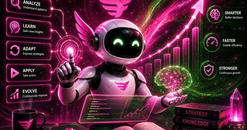 A futuristic AI robot surrounded by vibrant pink and green holographic interfaces representing learning, adaptation, and continuous improvement. A glowing upward growth chart, neural network visualization, and floating digital controls symbolize an AI assistant becoming smarter through Hermes Skills, all set against a cosmic neon background with books and advanced technology.