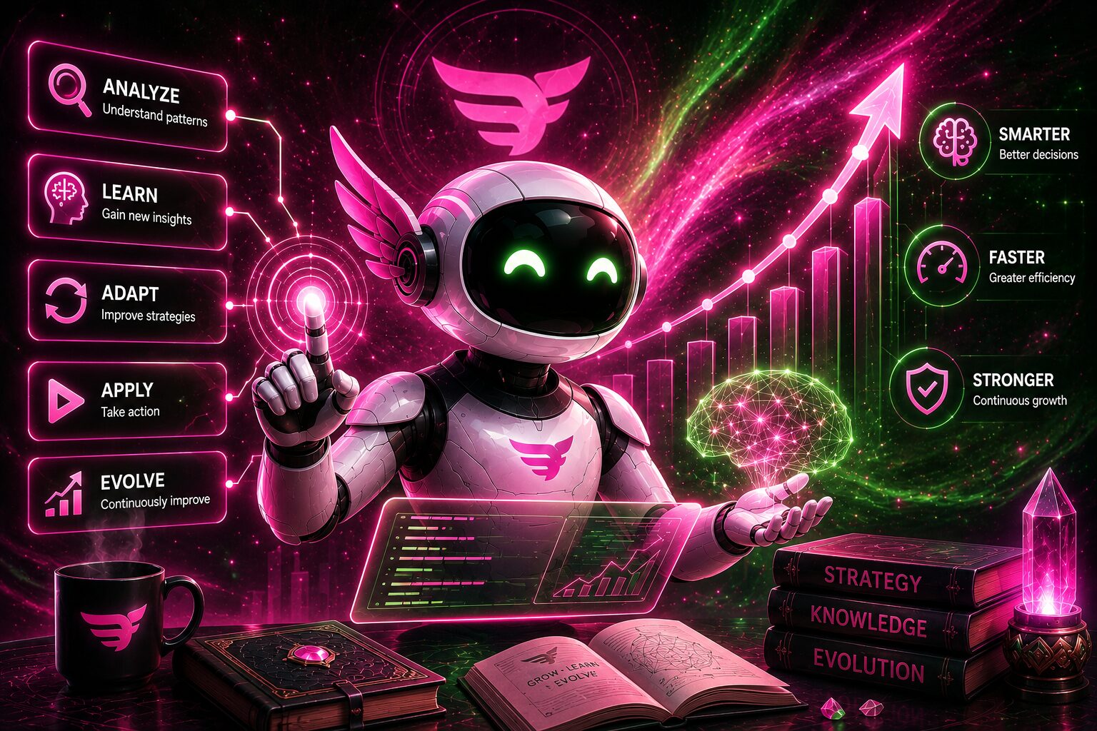 A futuristic AI robot surrounded by vibrant pink and green holographic interfaces representing learning, adaptation, and continuous improvement. A glowing upward growth chart, neural network visualization, and floating digital controls symbolize an AI assistant becoming smarter through Hermes Skills, all set against a cosmic neon background with books and advanced technology.