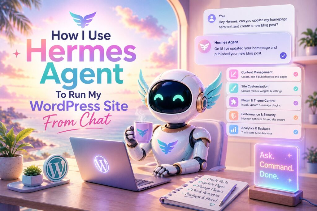 A friendly AI robot sits at a desk beside a laptop displaying the WordPress logo, managing a website through a conversational chat interface. Set against a bright pastel backdrop of peach, lavender, aqua, and soft pink, floating panels illustrate tasks like publishing blog posts, updating pages, managing plugins, monitoring analytics, and optimizing site performance—showcasing how Hermes Agent can run a WordPress site entirely from chat.