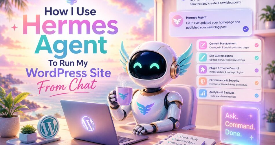 A friendly AI robot sits at a desk beside a laptop displaying the WordPress logo, managing a website through a conversational chat interface. Set against a bright pastel backdrop of peach, lavender, aqua, and soft pink, floating panels illustrate tasks like publishing blog posts, updating pages, managing plugins, monitoring analytics, and optimizing site performance—showcasing how Hermes Agent can run a WordPress site entirely from chat.