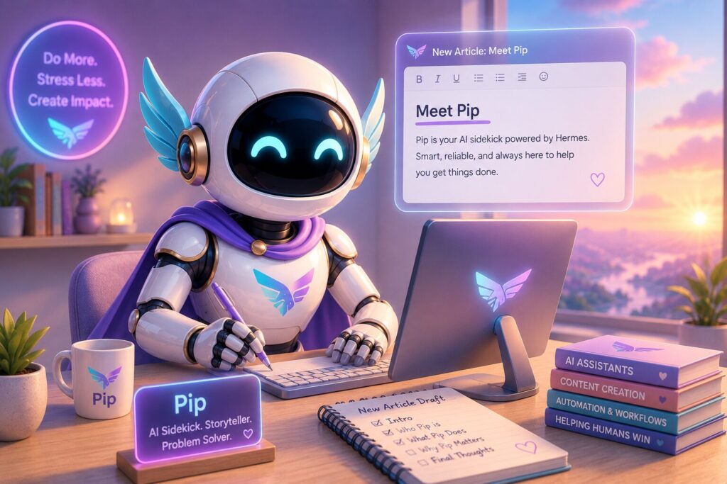 Pip, a friendly AI robot with glowing blue eyes and small wing-like accents, sits at a modern desk writing an article on a computer in a cozy pastel workspace. A floating document titled "Meet Pip" appears above the monitor while a notebook, books, coffee mug, and a warm sunrise outside the window create a welcoming atmosphere that highlights Pip as a creative AI sidekick and storyteller.