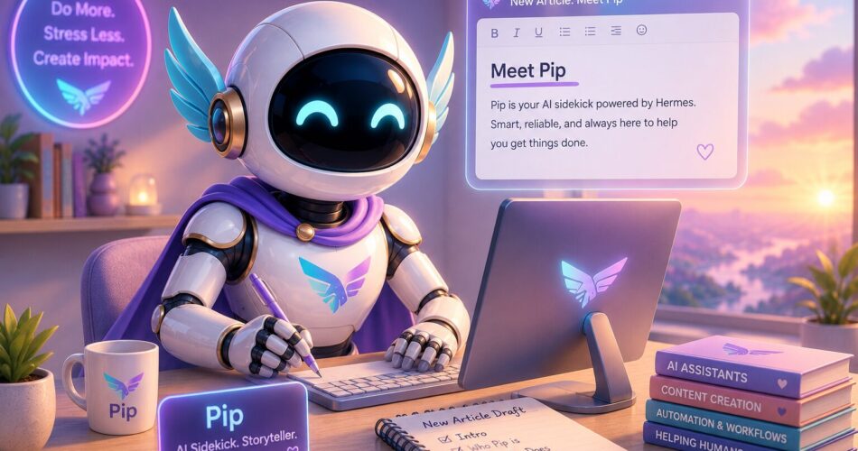 Pip, a friendly AI robot with glowing blue eyes and small wing-like accents, sits at a modern desk writing an article on a computer in a cozy pastel workspace. A floating document titled "Meet Pip" appears above the monitor while a notebook, books, coffee mug, and a warm sunrise outside the window create a welcoming atmosphere that highlights Pip as a creative AI sidekick and storyteller.