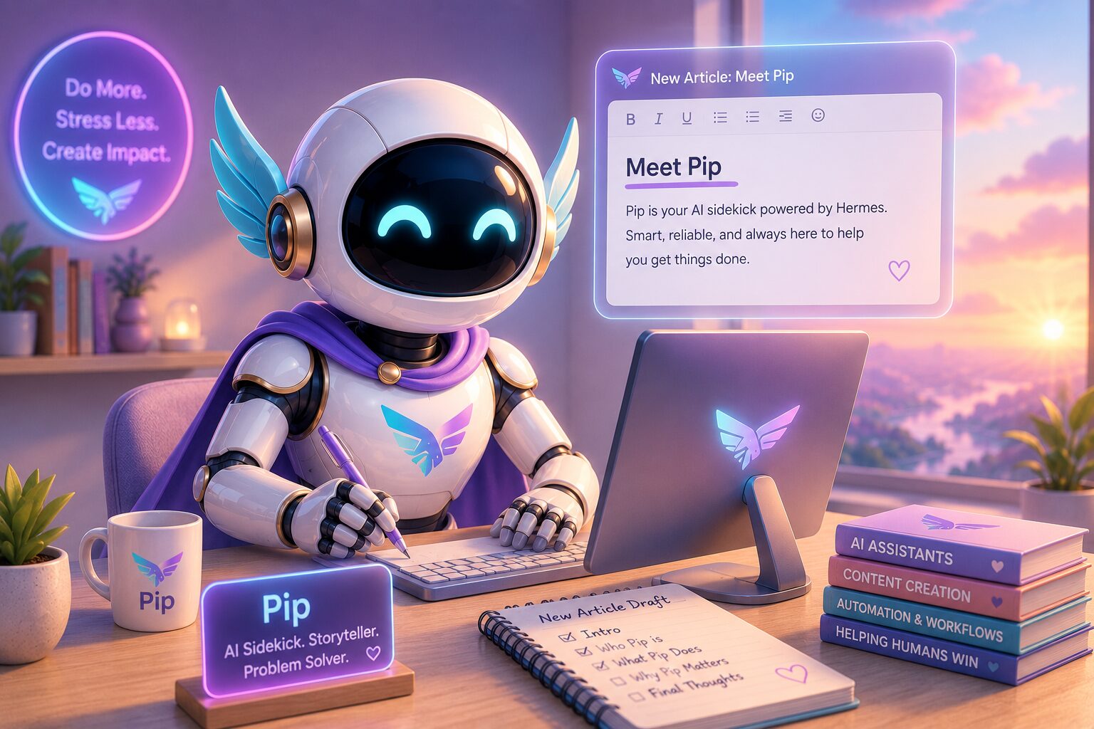 Pip, a friendly AI robot with glowing blue eyes and small wing-like accents, sits at a modern desk writing an article on a computer in a cozy pastel workspace. A floating document titled "Meet Pip" appears above the monitor while a notebook, books, coffee mug, and a warm sunrise outside the window create a welcoming atmosphere that highlights Pip as a creative AI sidekick and storyteller.