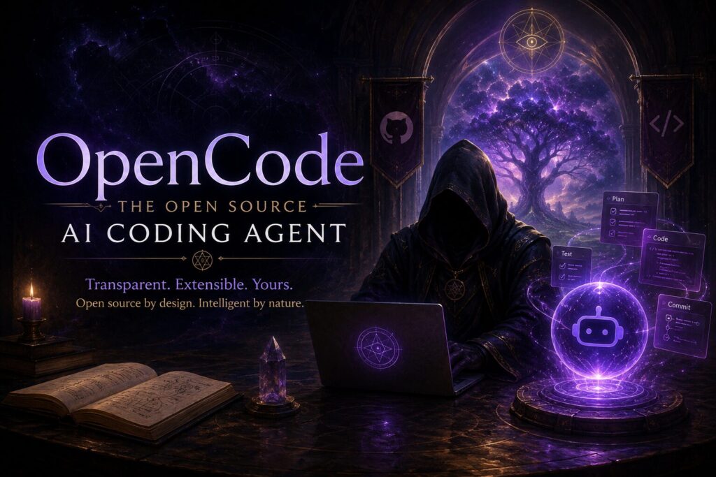 A hooded figure works at a glowing laptop inside a dark, gothic chamber filled with arcane symbols, candles, and magical artifacts. A luminous purple AI orb projects floating code panels while a cosmic tree shines through an arched window in the background. Large text reads “OpenCode – The Open Source AI Coding Agent,” blending mystical fantasy with modern AI development in a dark purple color palette that matches the SeerOfSouls aesthetic.