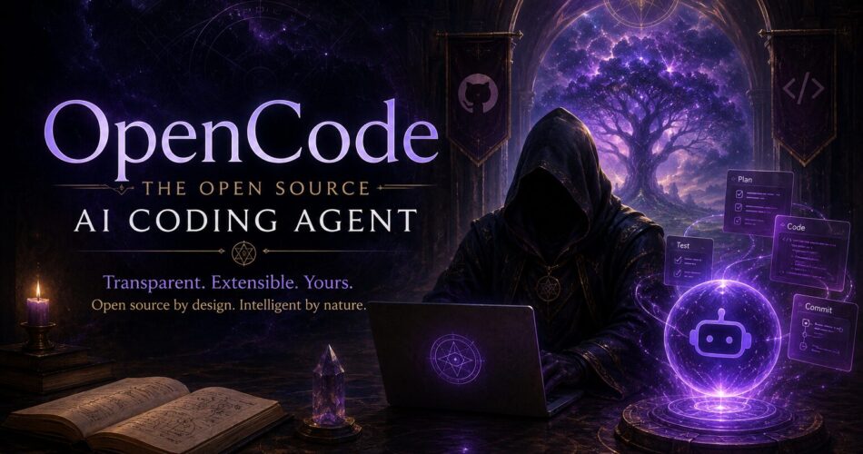 A hooded figure works at a glowing laptop inside a dark, gothic chamber filled with arcane symbols, candles, and magical artifacts. A luminous purple AI orb projects floating code panels while a cosmic tree shines through an arched window in the background. Large text reads “OpenCode – The Open Source AI Coding Agent,” blending mystical fantasy with modern AI development in a dark purple color palette that matches the SeerOfSouls aesthetic.