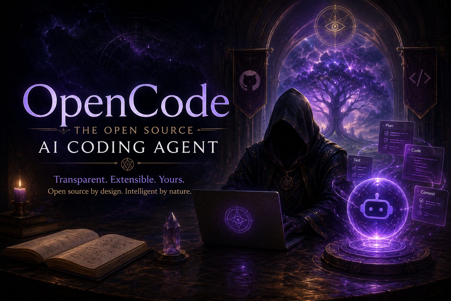 A hooded figure works at a glowing laptop inside a dark, gothic chamber filled with arcane symbols, candles, and magical artifacts. A luminous purple AI orb projects floating code panels while a cosmic tree shines through an arched window in the background. Large text reads “OpenCode – The Open Source AI Coding Agent,” blending mystical fantasy with modern AI development in a dark purple color palette that matches the SeerOfSouls aesthetic.