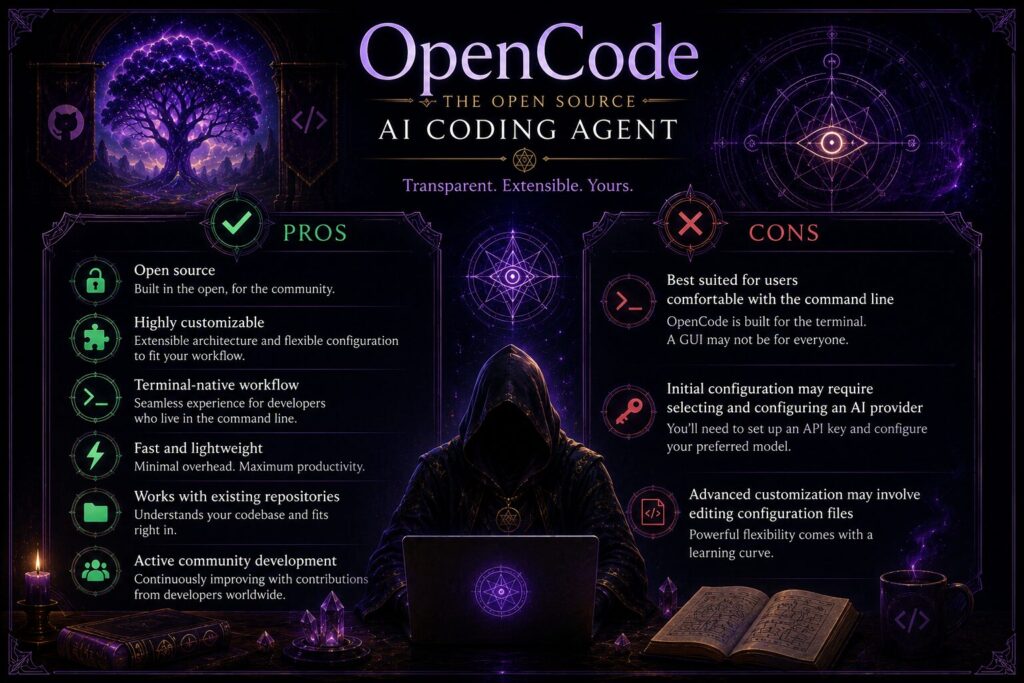 A dark fantasy-inspired comparison infographic titled "OpenCode – The Open Source AI Coding Agent" in a rich purple and black color scheme. Two ornate panels compare the software's Pros and Cons, with green check icons highlighting benefits such as open source, high customizability, terminal-native workflow, lightweight performance, repository awareness, and active community development. Red icons identify considerations including a command-line learning curve, initial AI provider setup, and advanced configuration. A hooded figure works at a glowing laptop beneath mystical symbols, with a luminous cosmic tree, gothic architecture, candles, spellbooks, and magical artifacts reinforcing the enchanted, tech-meets-mysticism aesthetic that matches the SeerOfSouls website.