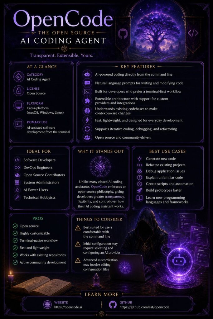 A dark fantasy-inspired infographic titled "OpenCode – The Open Source AI Coding Agent" presented in a glowing purple and black color palette. Ornate gothic borders frame sections covering At a Glance, Key Features, Ideal For, Why It Stands Out, Best Use Cases, Pros, Things to Consider, and Learn More. Mystical icons accompany each section, while a luminous cosmic tree, arcane symbols, and a hooded figure using a laptop reinforce the blend of magic and modern AI development. The design evokes an enchanted codex while clearly presenting OpenCode's capabilities as an open-source, terminal-based AI coding assistant.