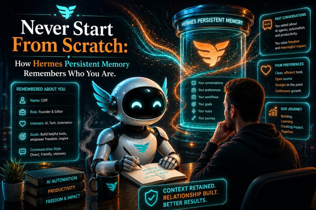 A futuristic AI robot and a person collaborate in a high-tech workspace illuminated with glowing turquoise and orange holographic interfaces. A large digital memory core labeled "Hermes Persistent Memory" stores conversations, preferences, goals, and workflows, illustrating how Hermes remembers user context between sessions to deliver a personalized AI experience without starting from scratch.