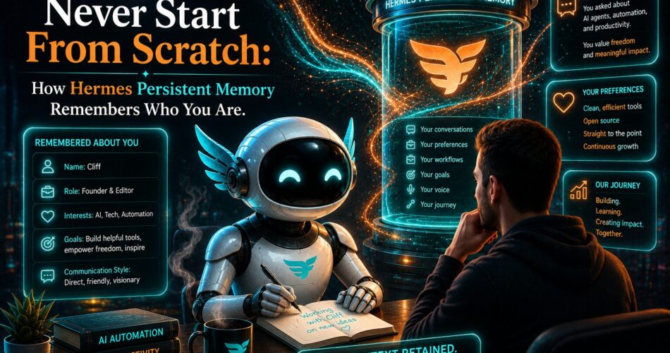 A futuristic AI robot and a person collaborate in a high-tech workspace illuminated with glowing turquoise and orange holographic interfaces. A large digital memory core labeled "Hermes Persistent Memory" stores conversations, preferences, goals, and workflows, illustrating how Hermes remembers user context between sessions to deliver a personalized AI experience without starting from scratch.