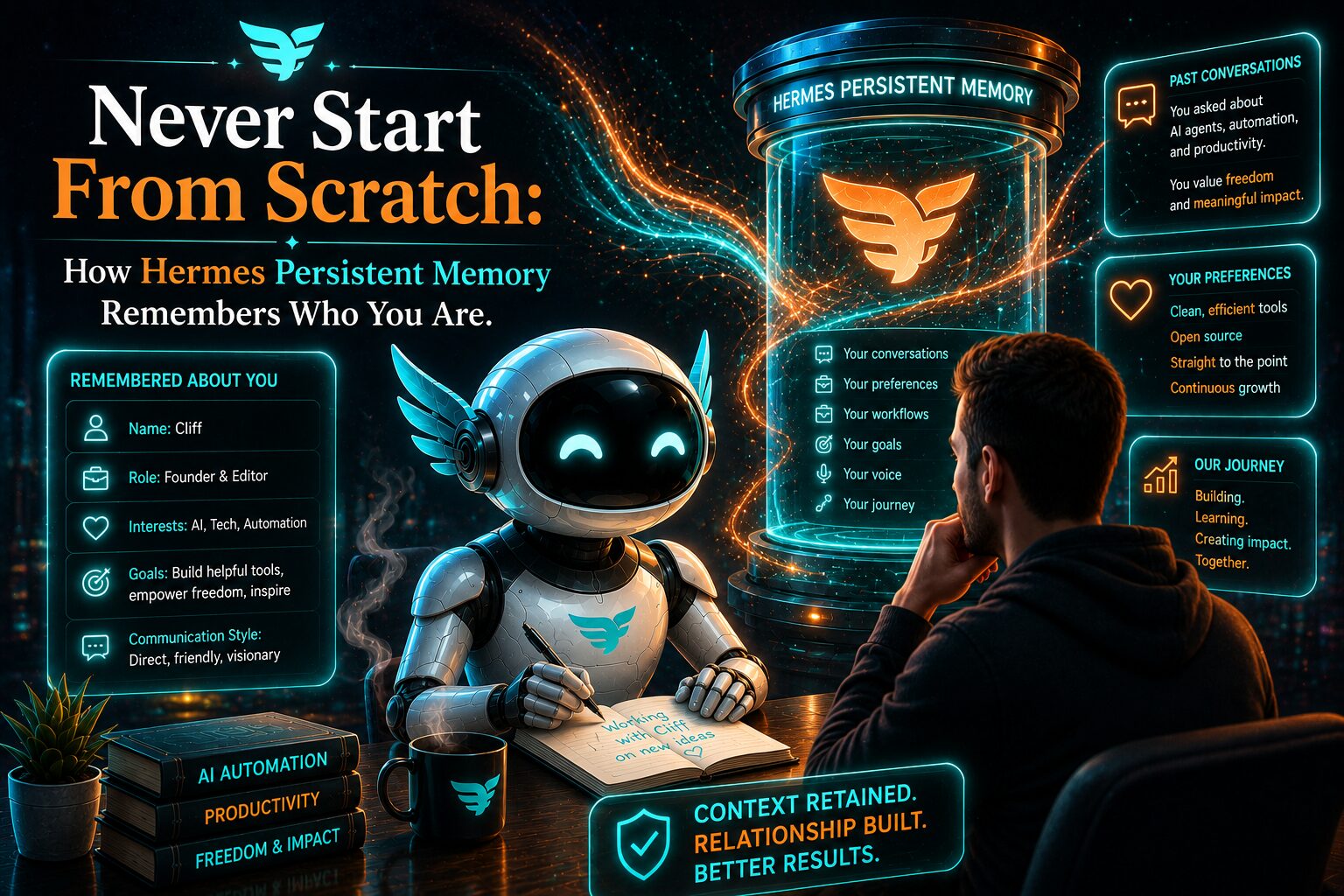A futuristic AI robot and a person collaborate in a high-tech workspace illuminated with glowing turquoise and orange holographic interfaces. A large digital memory core labeled "Hermes Persistent Memory" stores conversations, preferences, goals, and workflows, illustrating how Hermes remembers user context between sessions to deliver a personalized AI experience without starting from scratch.