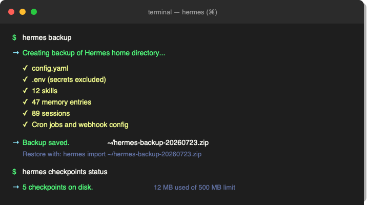 Terminal showing hermes backup and checkpoints output