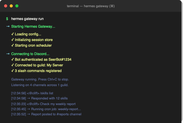 Terminal showing Hermes Gateway connecting to Discord
