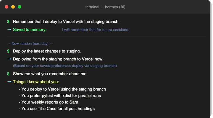 Terminal mockup showing Hermes memory in action across sessions