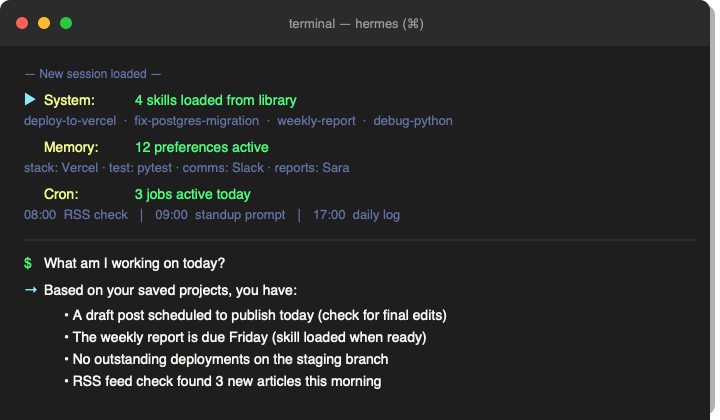 Terminal showing skills, memory, and cron jobs loading together