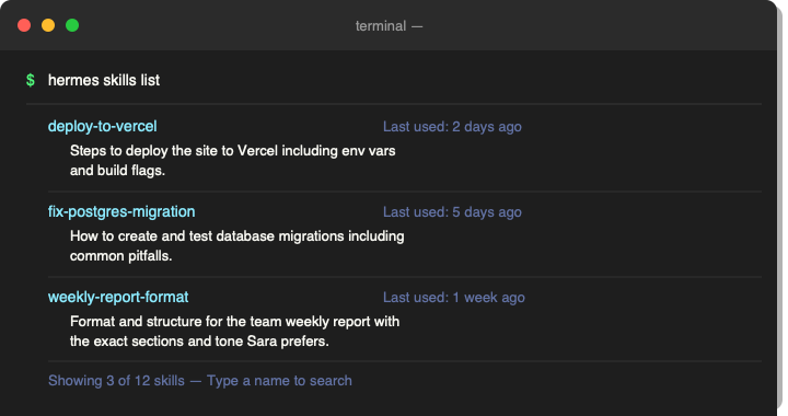 Terminal showing saved skills