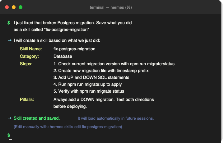 Terminal mockup showing Hermes saving a skill