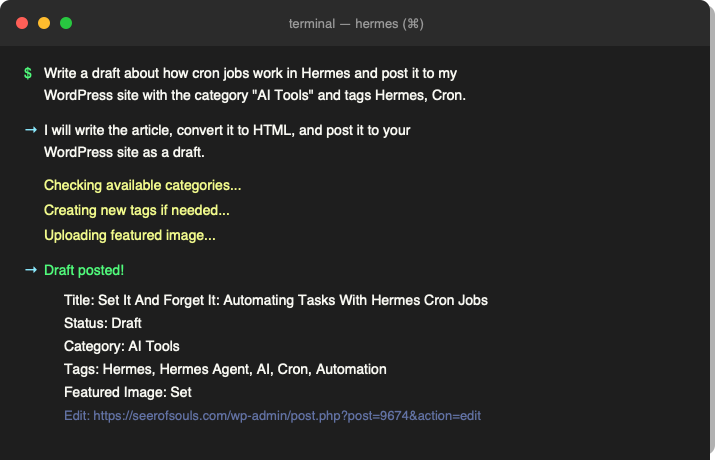 Terminal mockup showing Hermes posting a draft to WordPress