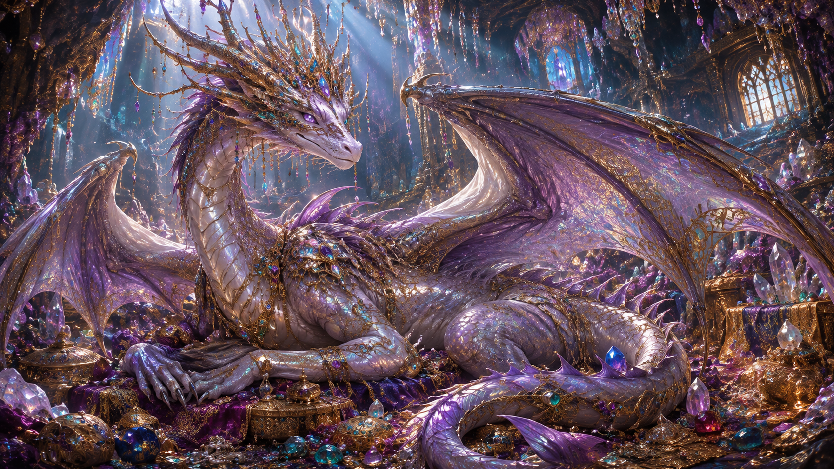 Velouria, an AI-generated jeweled dragon resting in a cavern of treasure, made with ChatGPT.