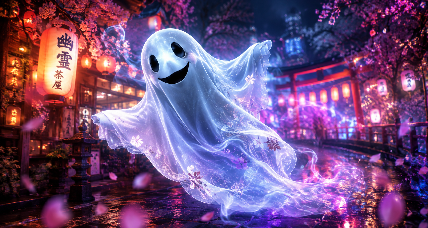 Ghosty, an AI-generated cheerful ghost drifting through a rainy night market, made with ChatGPT.