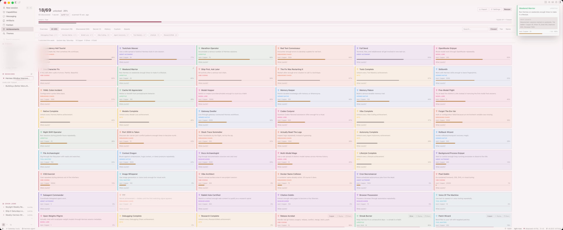 The Hermes Achievements grid showing unlockable badges and progress.