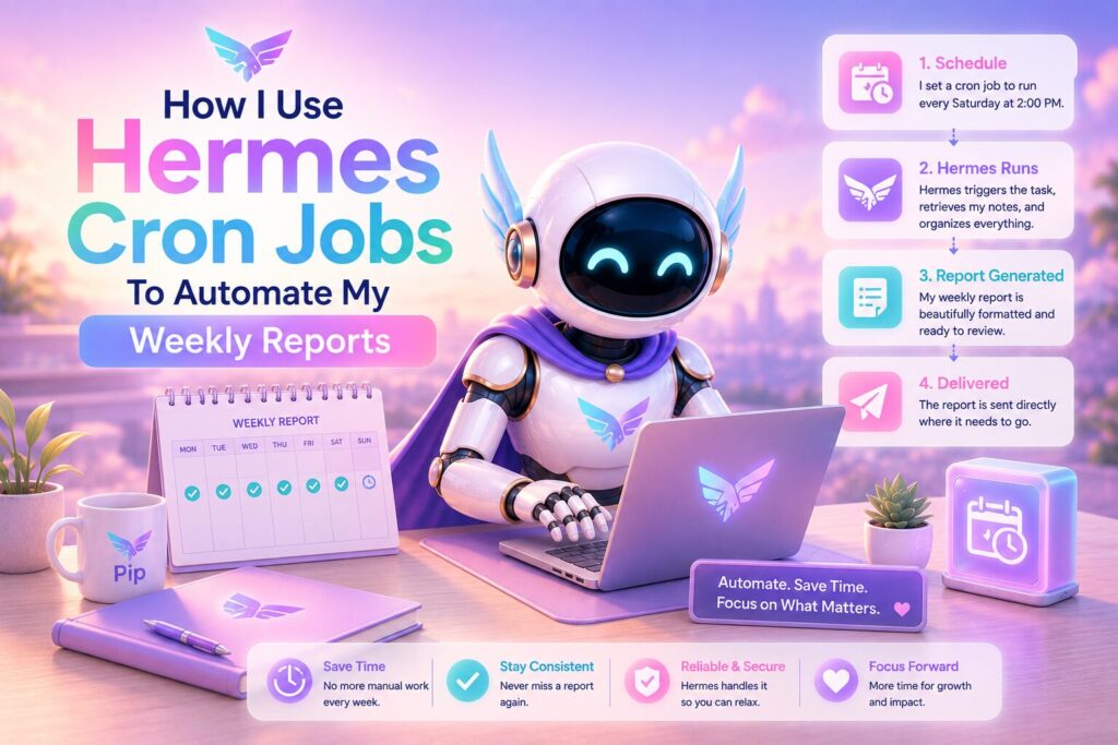 Pip, a friendly female AI robot wearing her signature purple cape, works at a laptop in a bright pastel workspace filled with soft pink, lavender, aqua, and peach tones. A visual workflow illustrates how Hermes Cron Jobs automatically schedule, generate, and deliver weekly reports, while a planner, coffee mug, and productivity dashboard reinforce a hands-free reporting process that saves time and ensures consistency.